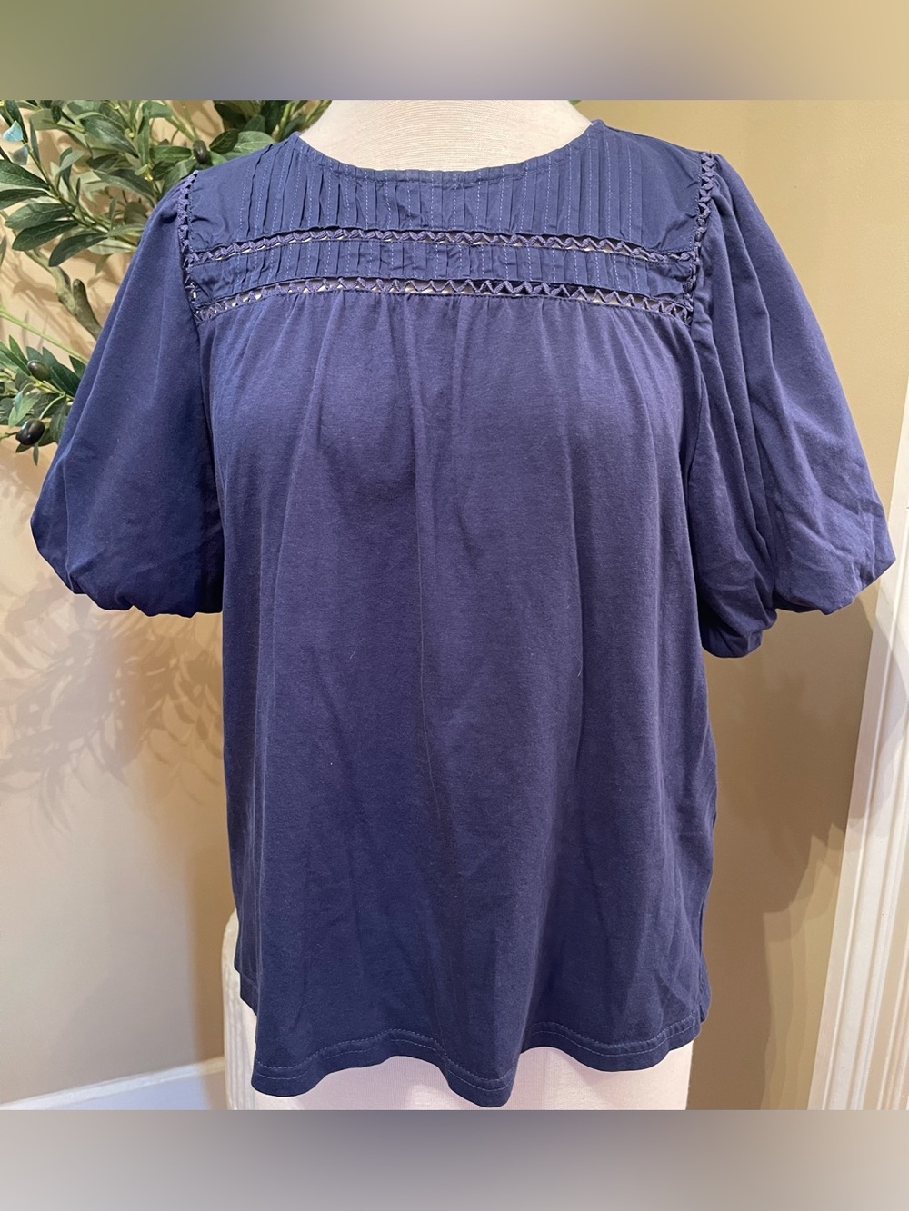 J. Crew Navy Pintuck Ladder-Trim Puff Sleeve Top